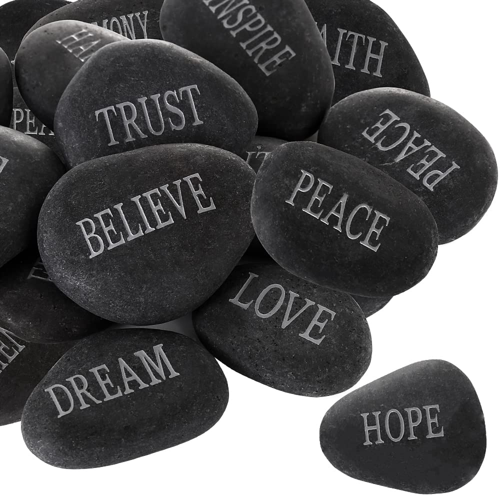 12PCS DIY Rocks for Engraved Inspirational Polished Garden Stones, Natural Encouragement Personalized Healing Decor River Stone - Unique Gift for Friends Arts Crafts (12 Different Words) (Black)