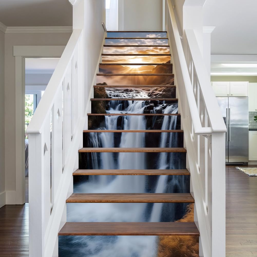 PLIGREAT 15 Strips 3D Waterfall Stair Decals, Peel and Stick Stairs Riser Stickers Natural Landscape Stair Risers Covers 7.1" x 39" Self-Adhesive Vinyl Stairs Riser Decals for Home Hotel Decor