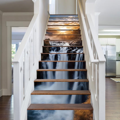 PLIGREAT 15 Strips 3D Waterfall Stair Decals, Peel and Stick Stairs Riser Stickers Natural Landscape Stair Risers Covers 7.1" x 39" Self-Adhesive Vinyl Stairs Riser Decals for Home Hotel Decor