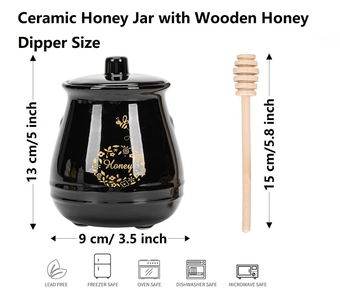 Kosmeey Ceramic Honey Jar With Wooden Honey Dipper - Honey Pot With Dipper - Black Honey Dispenser with Stand, Great Bee Decor- Farmhouse Kitchen Decoration