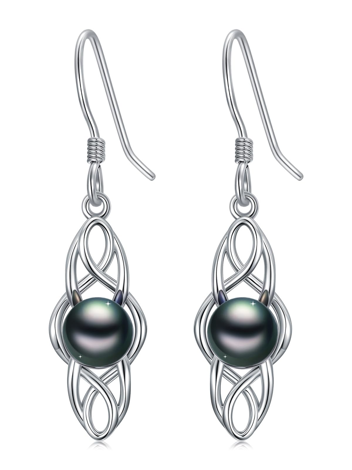 KANNSOAR Tahitian Black Pearl 18K AAAA White Gold Plated Sterling Silver Celtic Knot Dangle Drop Earrings for Women Wife Mom Girlfriend Her Jewelry Gift for Anniversary Birthday Christmas