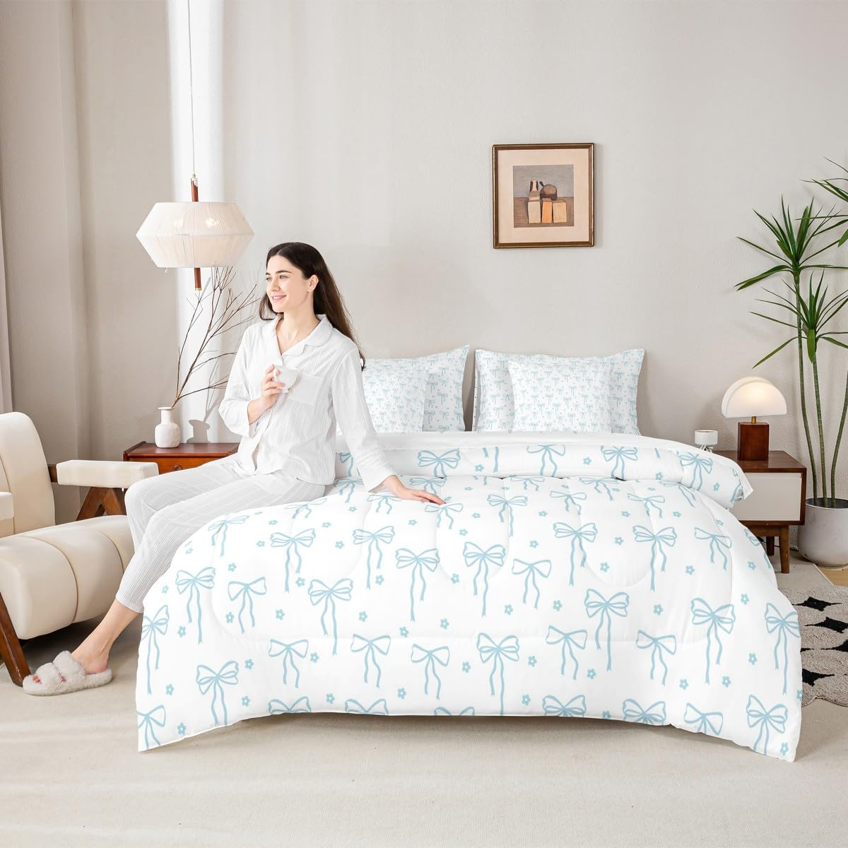 Castle Fairy Blue Bow Comforter Sets - 7 Pieces Full Size,Bow Print All Season Reversible Bed in a Bag Flower Floral Bedding Set Princess Flat Sheet,Fitted Sheet,Pillowcases