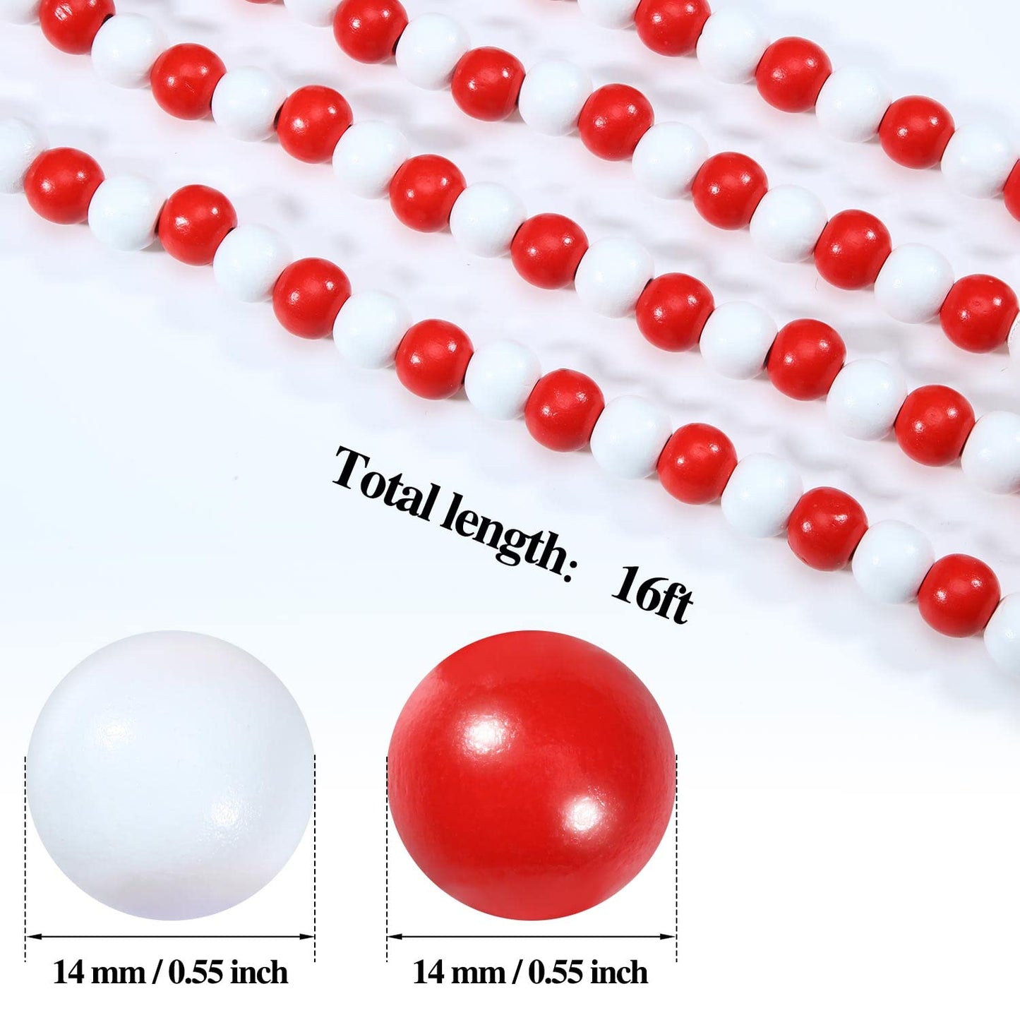 Hicarer 16 Feet Christmas Wooden Bead Garland Christmas Wood Bead Garland Decor Xmas Candy Cane Decoration Farmhouse Rustic Tree Decoration for Holiday Party(Mixed Red and White)