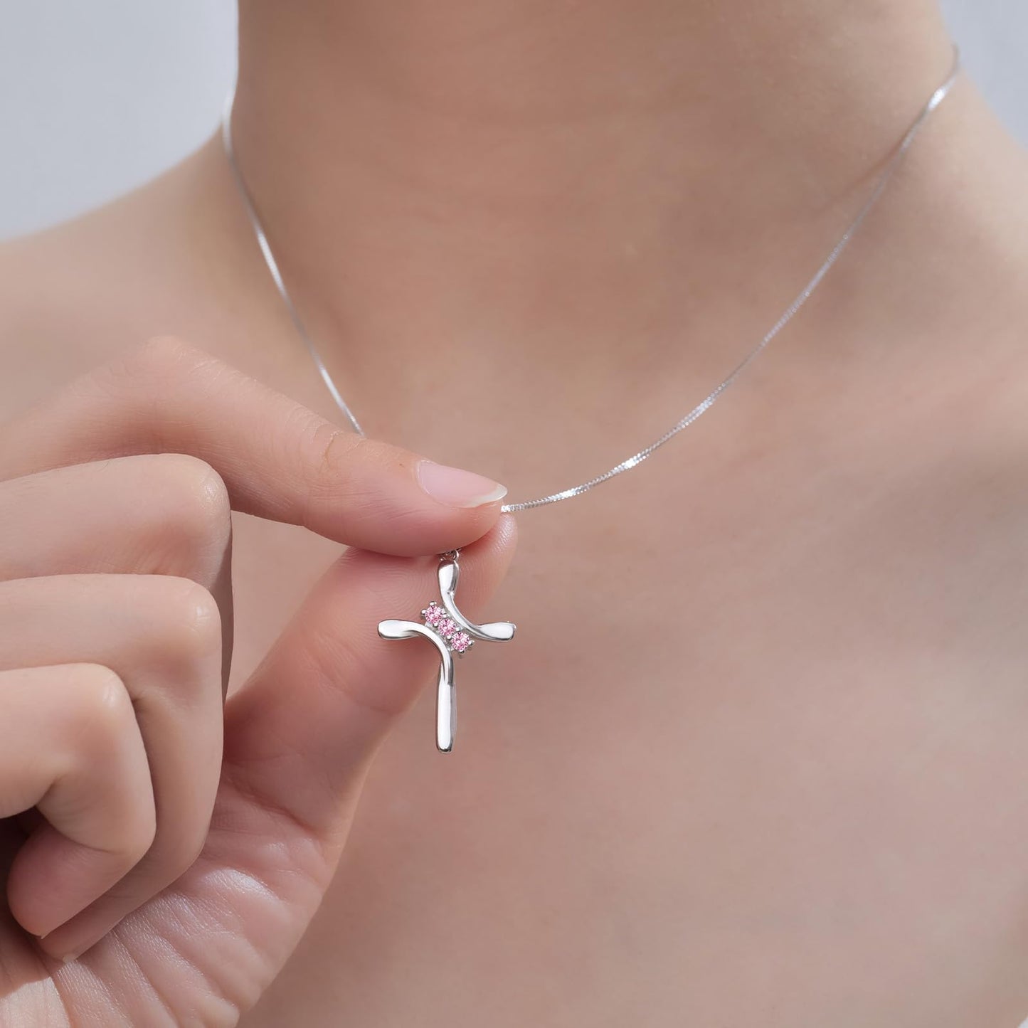 EVERU S925 Sterling Silver Cross Necklace for Women Birthstone Necklace with Cubic Zirconia 18K Gold Plated Cross Pendant Jewelry Ideal Gift Pink Tourmaline October