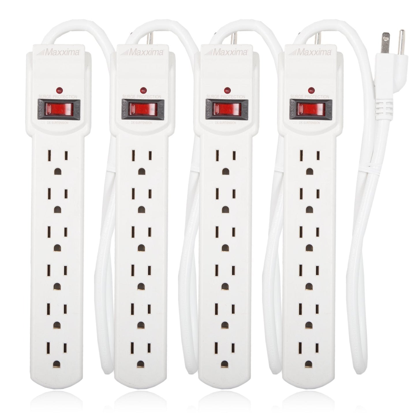Maxxima 4-Pack 6 Outlet Power Strip Surge Protector - 300 Joules, Features Red On/Off Switch, Powers Multiple Electronics and Devices Simultaneously, Perfect for Home Appliances - Black