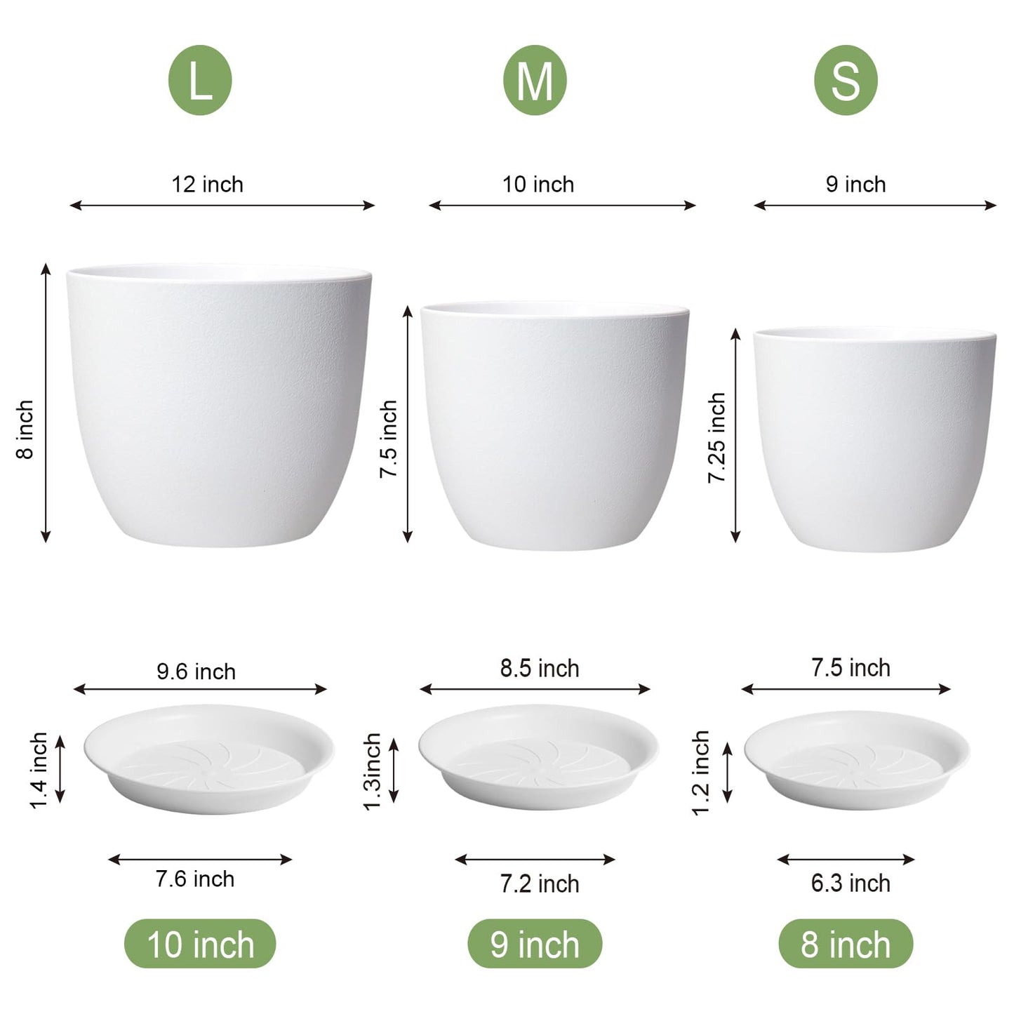 WSMKSZ 12/10/9 inch Large Plant Pots, 3 Pack Modern Decorative Plastic Planters with Drainage Holes and Saucers, Flower Pots for Indoor Outdoor Plants, White