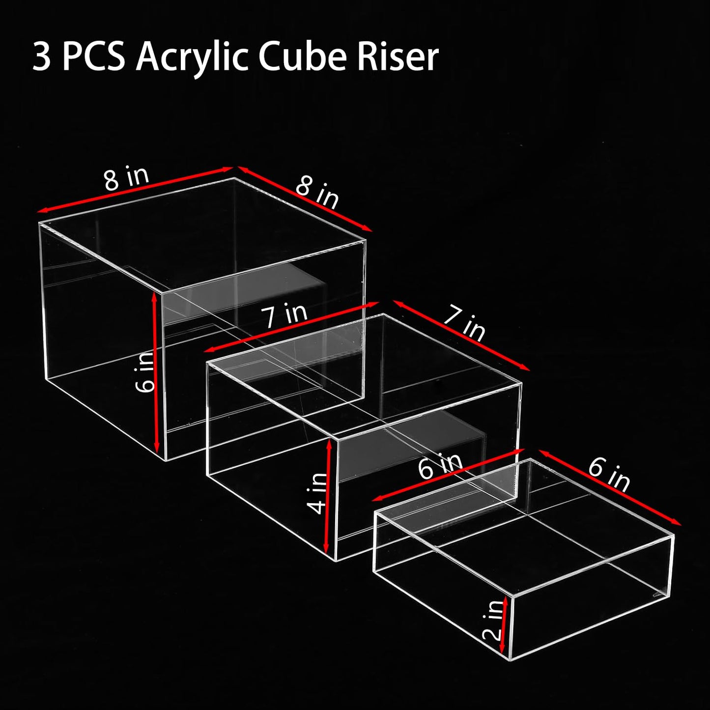 SHUNKAIZS Clear Acrylic Cubes Display Box, 3pcs Stackable Risers Display Stands, Crystal Buffet Riser Food Stand for Party, Nesting Display Riser for Collectibles Jewelry Home Decor, size-6" 7" 8"