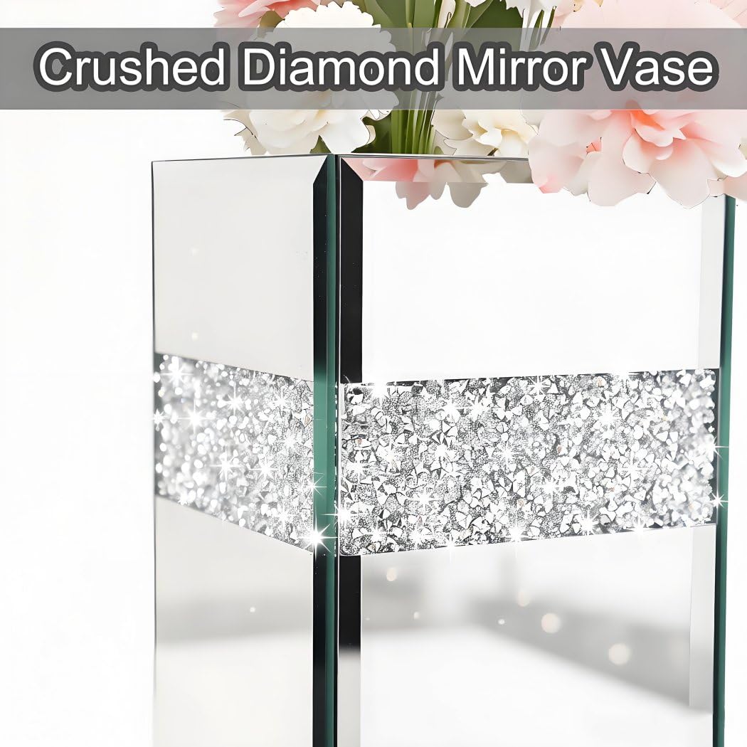 ALLARTONLY Crushed Diamond Mirrored Vase Pack of 3 Pieces Small Middle Large. Crystal Silver Mirror Glass Stunning Decorative Flower Vase Luxury for Home Decor. Can’t Hold Water.