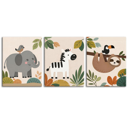 TYPTEK Nursery Wall Art Decor Set of 3,Boho Jungle Animals Whimsical & Educational Canvas Prints for Kids Room Playroom Baby Bedroom, Framed Ready to Hang,16x12 Inch