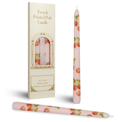 Baleagcdl Pink with Strawberry Prints Candlesticks Handmade Long Tapered Candles 10 Inch Drip Taper Candle for Wedding Home Holiday Decor Gifts - Set of 2