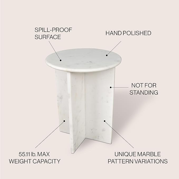 JONATHAN Y Javier Solid White Marble End Table, 17.75" Round Modern Accent Side