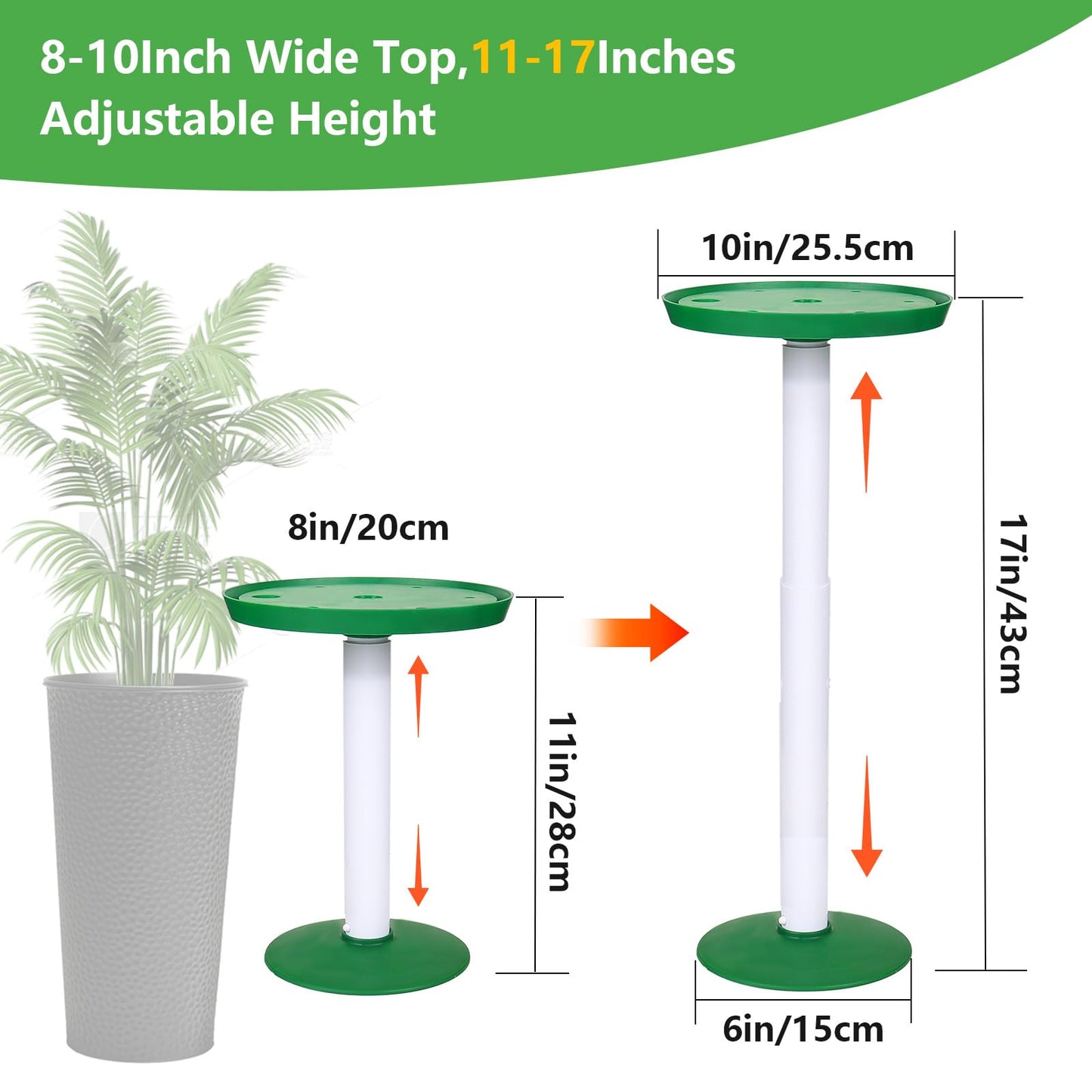 YLSAZL 2 Pack Adjustable Height Plant Risers for Inside Pots,11-17" Rise Plant Risers for, Indoor & Outdoor Insert with, Tall Square Round Taper Planter with 6''8" 10" Base & Top（ Green - Short）