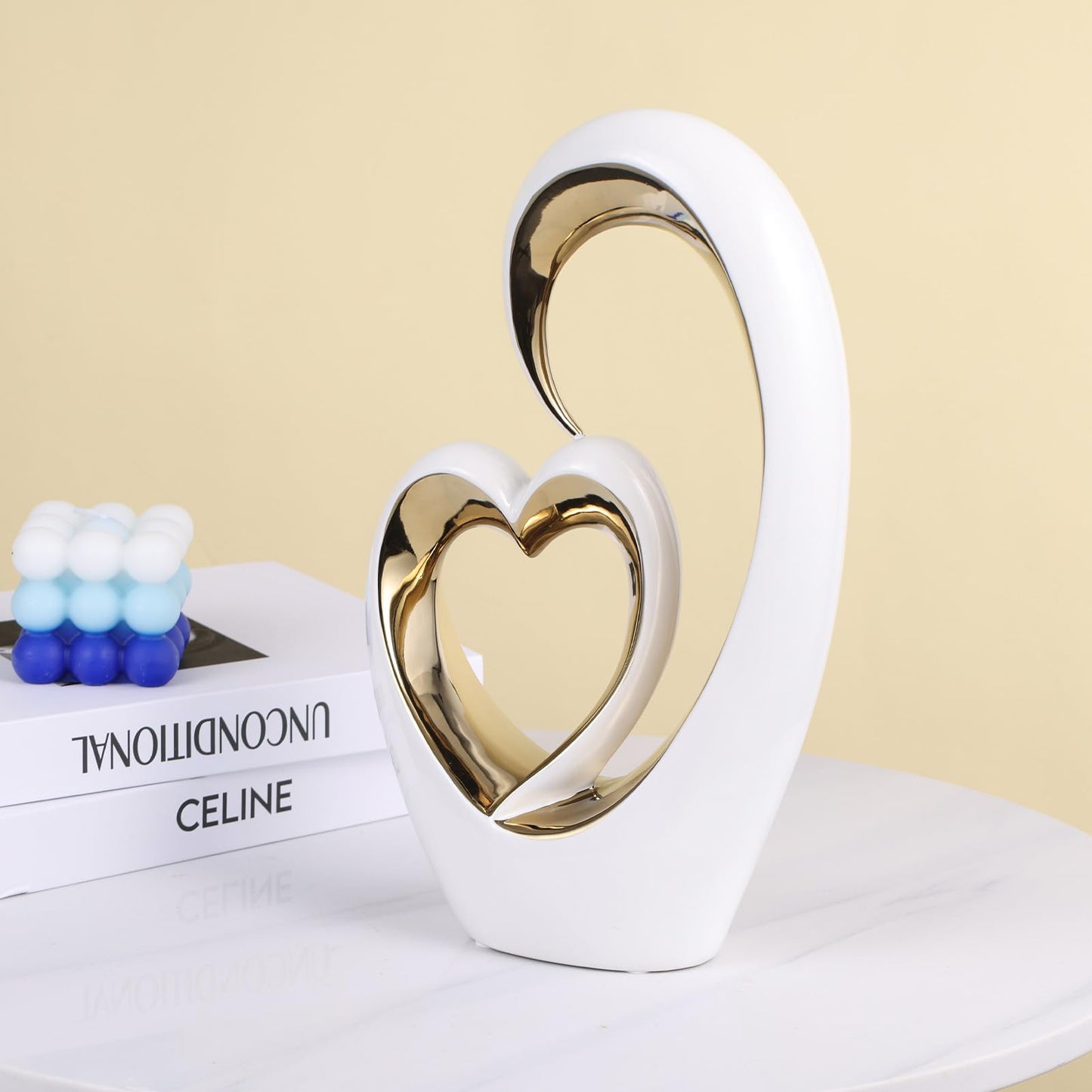 Oliruim White Gold Ceramic Heart Statues - Abstract Home Sculptures for Bedroom, Wedding, Valentine Decor & Gifts for Women