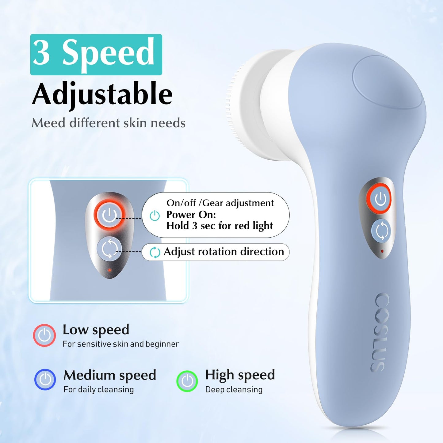 COSLUS Facial Cleansing Brush Face Scrubber: 3 in 1 Bi-Directional Electric Spin Brush for Removing Blackhead, Exfoliating, Massaging - Rechargeable Waterproof, 3 Adjustable Speeds for Men & Women