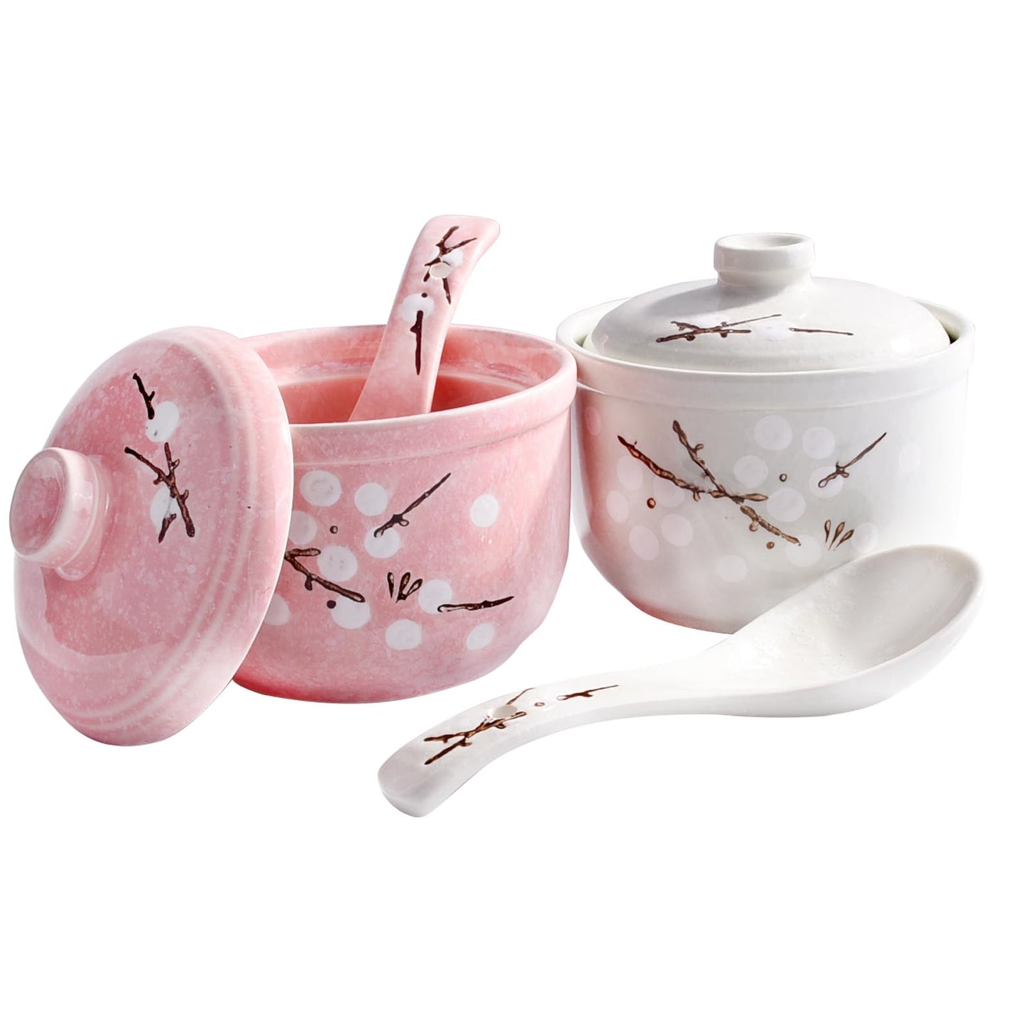 Whitenesser Ceramic Stew Bowl and Condiment Pot Set with Lid and Spoon Set of 2, Multi-Use Hand-Painted Plum Blossom Seasoning Container for Stew, Soup, Salt and Sugar