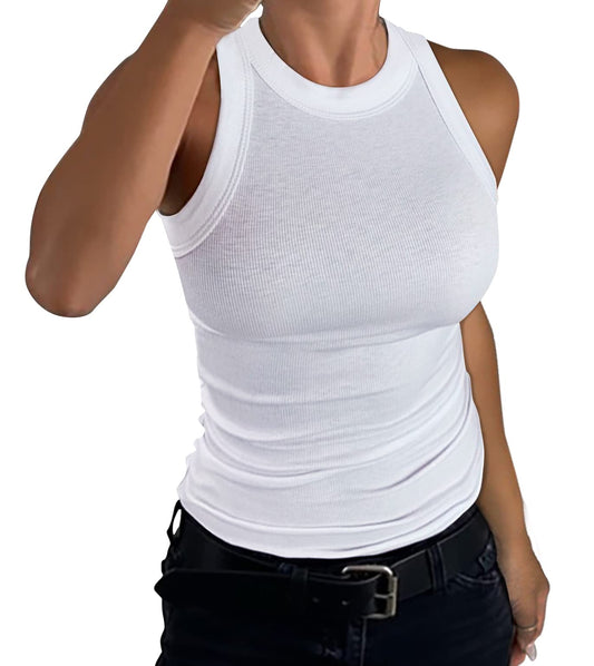 GEMBERA Womens Sleeveless Racerback High Neck Basic Ribbed Knit Fitted Tank Top White M