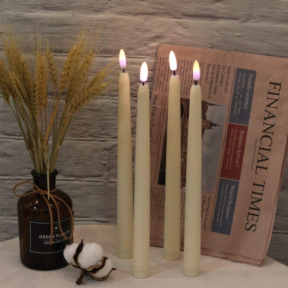 Wondise Flameless Flickering Taper Candles with Remote and Timer, 11 Inch Battery Operated Real Wax 3D Flame Ivory Window Candle for Christmas Home Decoration, Set of 4(D0.78 inch x H11 inch)