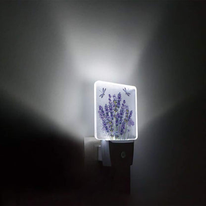 Lavender Dragonfly Flower Plug-in LED Night Lights Purple Plant Auto Dusk-to-Dawn Sensor for Bedroom Bathroom Kitchen Nursery Hallway Stairs Wall Home Decor