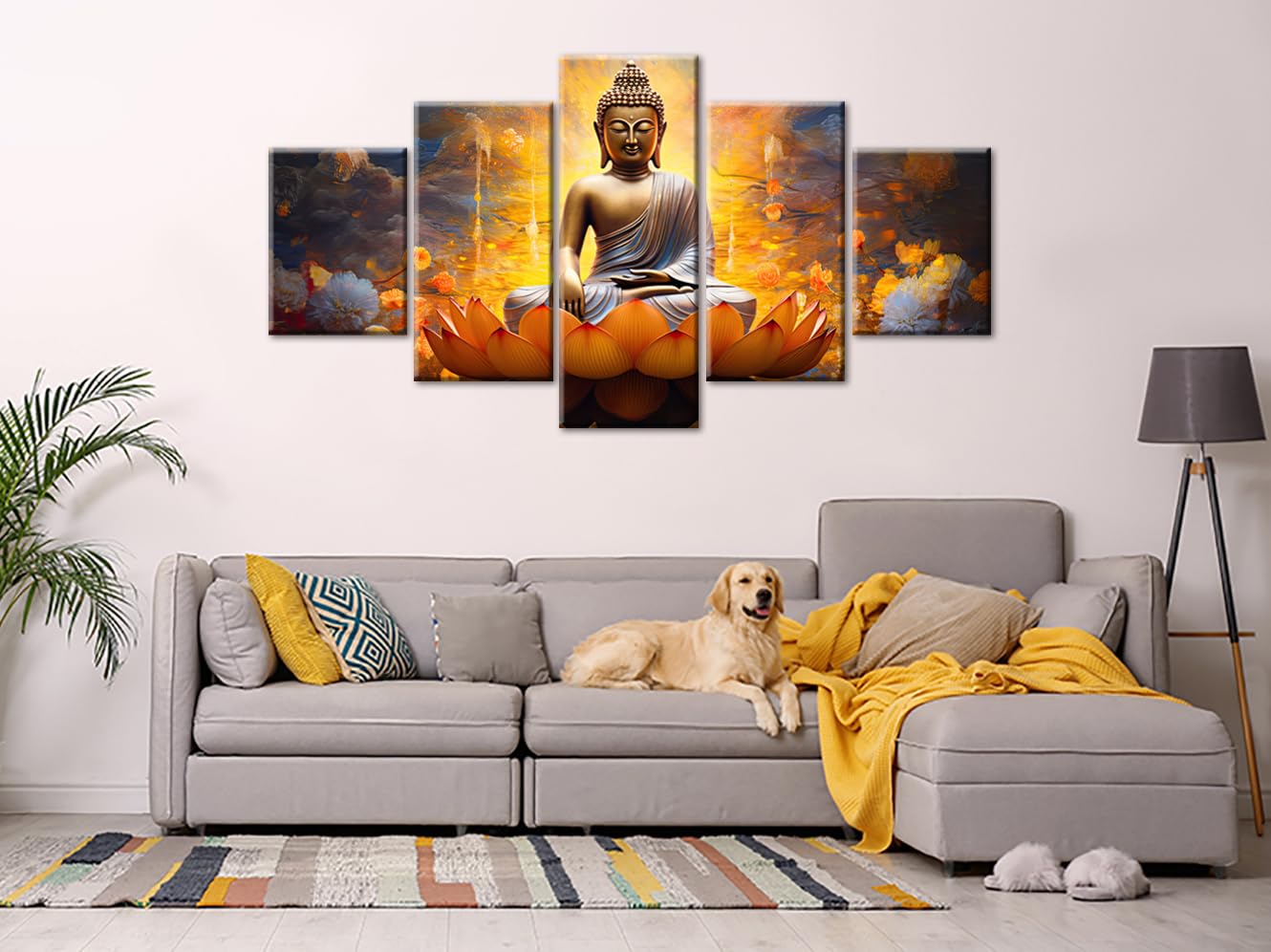 DJSYLIFE Gold Buddha Wall Art for Living Room Large 5 Piece Zen Photo Picture HD Canvas Print Paintings for Yoga Room Home Decor Modern Artwork Framed Ready to Hang Decorations (60" W x 32" H)