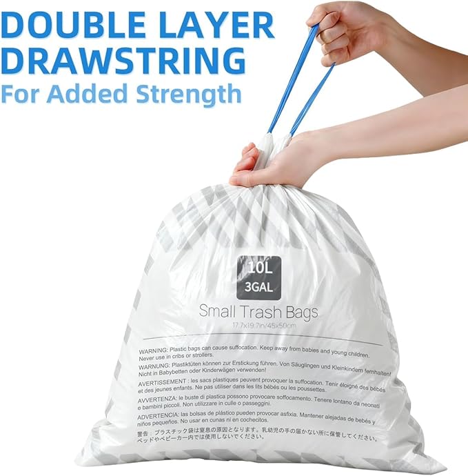XUXRUS Small Trash Bags 3 Gallon Drawstring, Strong & Durable, Easy-Dispense