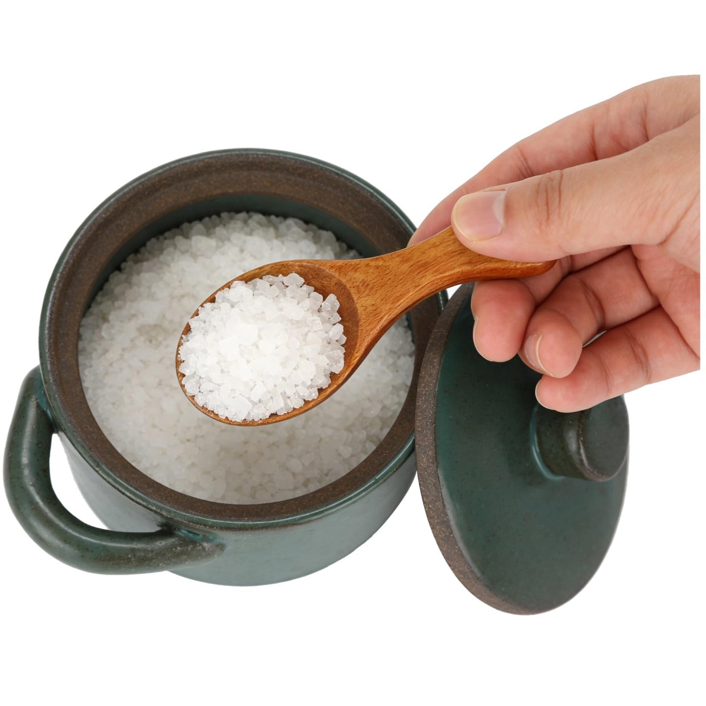 ZALIR Ceramic Salt Cellar with Lid and Wooden Spoon, Rough Pottery Seasoning Pot, 4.3 x 3.5 x 2.4 in Kitchen Jar, Rustic Spice Bowl for Sugar, Salt, Spices