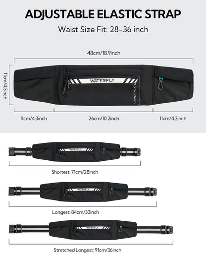 WATERFLY Running Belt Fanny Pack: Slim Breathable 4 Pocket Waist Bag for Men Women Sport Workout Exercise Fitness Phone Holder - Runner Marathon Jogging Waistband Fits ALL Phones Black