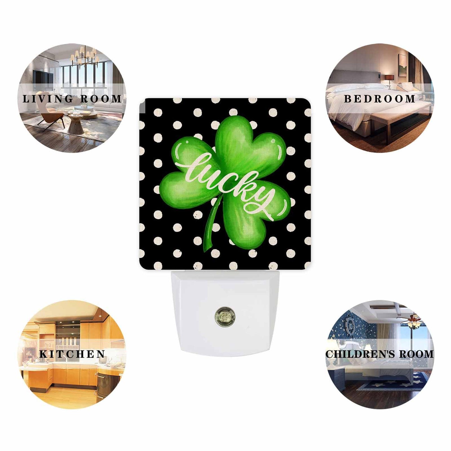 St.Patrick's Day Shamrock Plug-in LED Night Lights, Black Gold Coins Spring Auto Dusk-to-Dawn Sensor for Bedroom, Bathroom, Kitchen, Nursery, Hallway, Stairs, Wall Home Decor, Lucky Clover Leaves