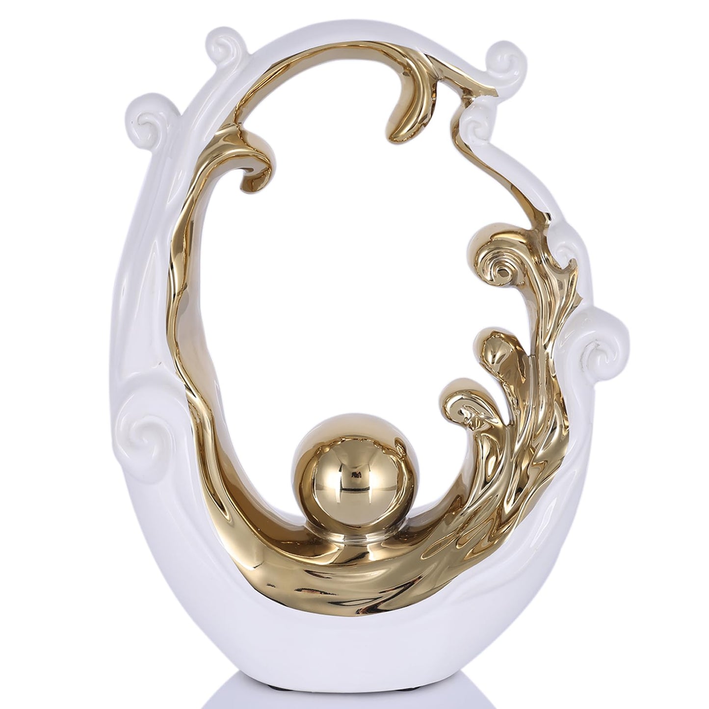 LINYTHER Abstract Ceramic Sculpture, White and Gold Modern Tabletop Statue Wave-Inspired, for Home Decor, Decorative Accent for Shelf, Mantel, Coffee Table, Console or Entryway
