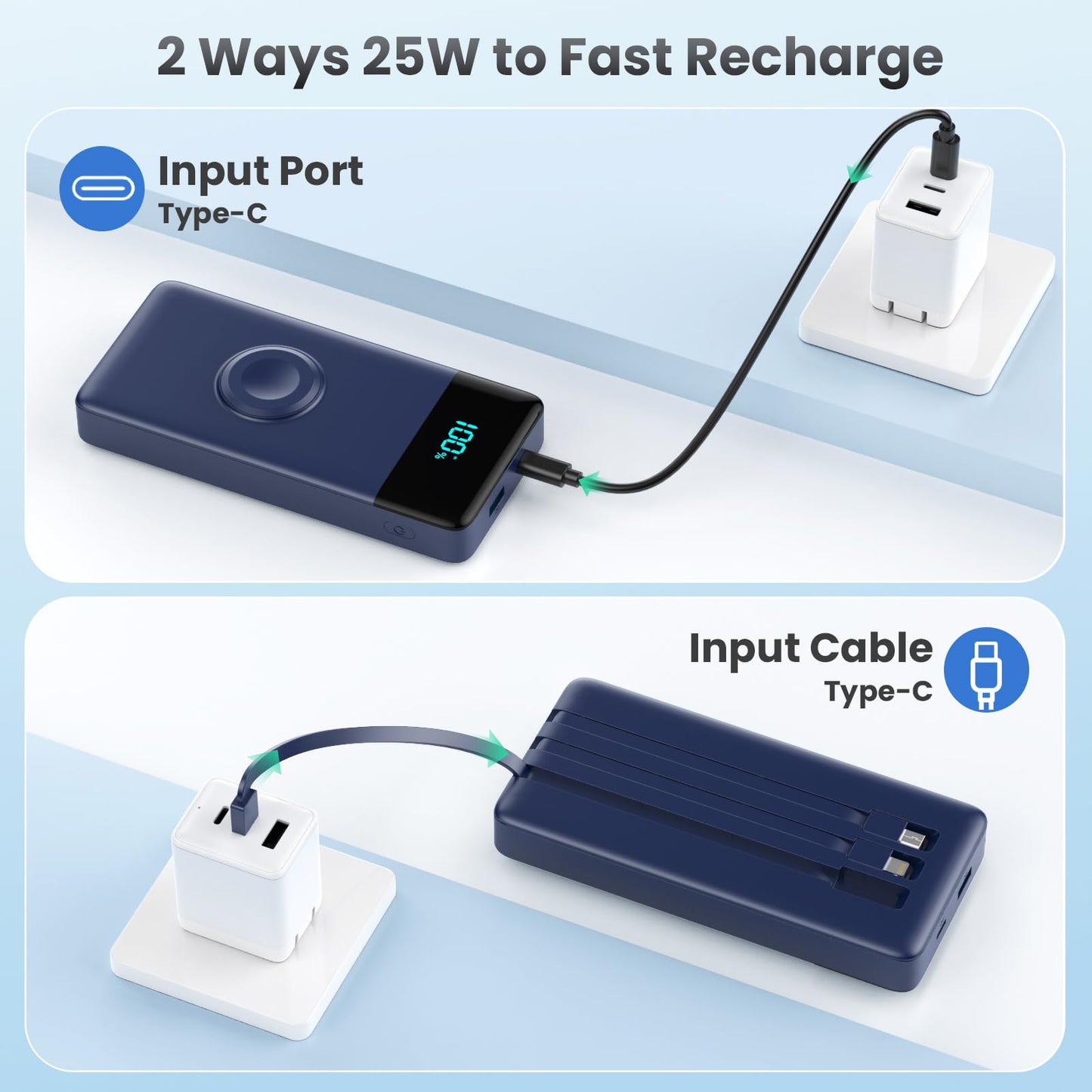 Wireless Portable Charger 40800mAh with 3 Built-in Cables,7-in-1 15W Wireless Charging Power Bank,25W PD QC 4.0 Fast Charging USB C LCD Display Battery Pack for iPhone 17/16/15/13,Samsung,Android etc