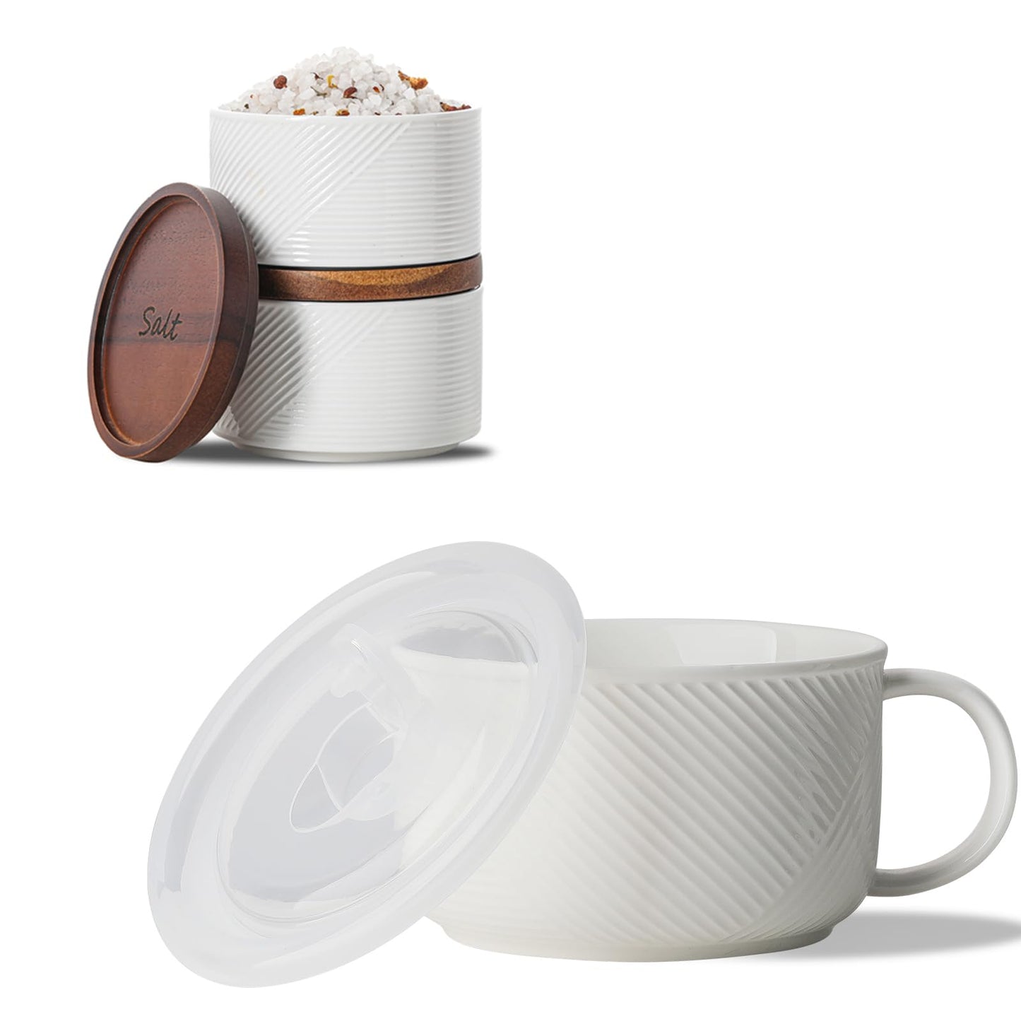 Adewnest Salt and Pepper Bowls + Oversized Soup Bowl, White