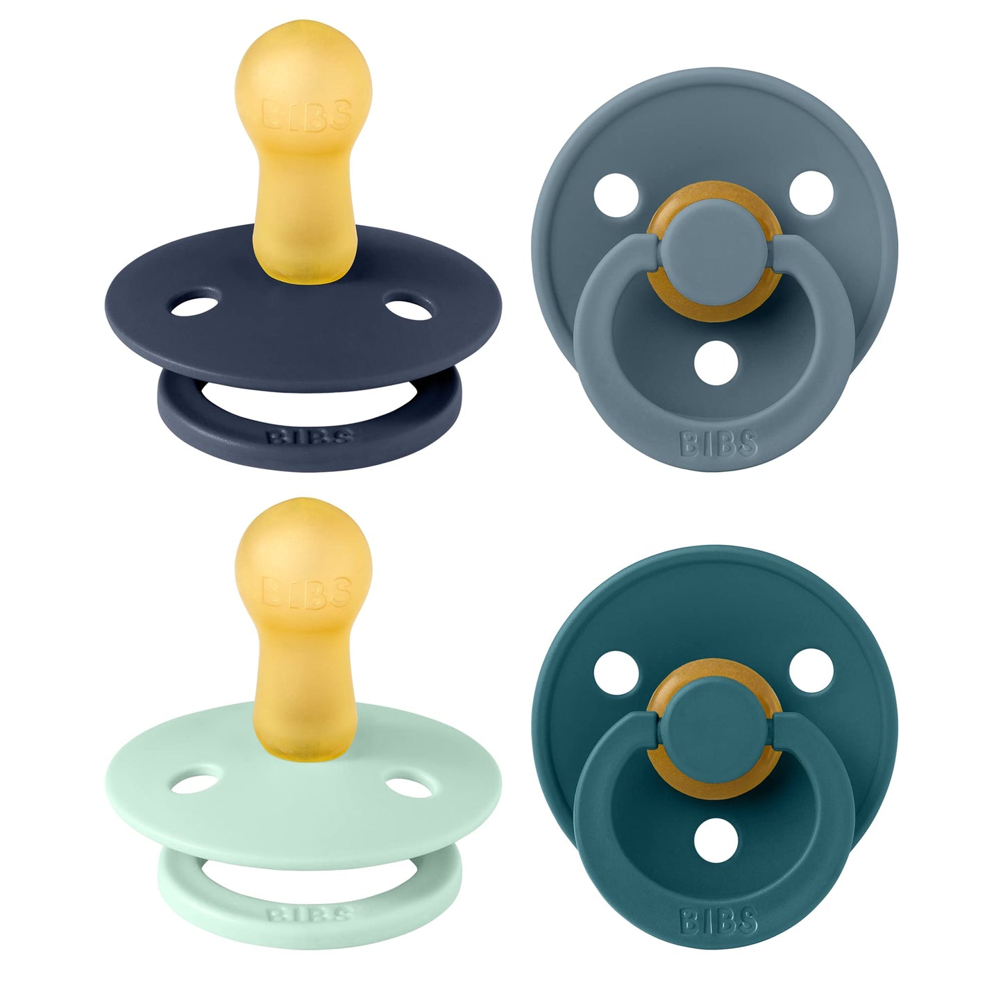 BIBS Dummies Colour 4-Pack, BPA Free Dummy Pacifier, Round Nipple Soothers, Natural Rubber Latex, Made in Denmark. 6-18 Months (Pack of 4), Baby Boy Colours