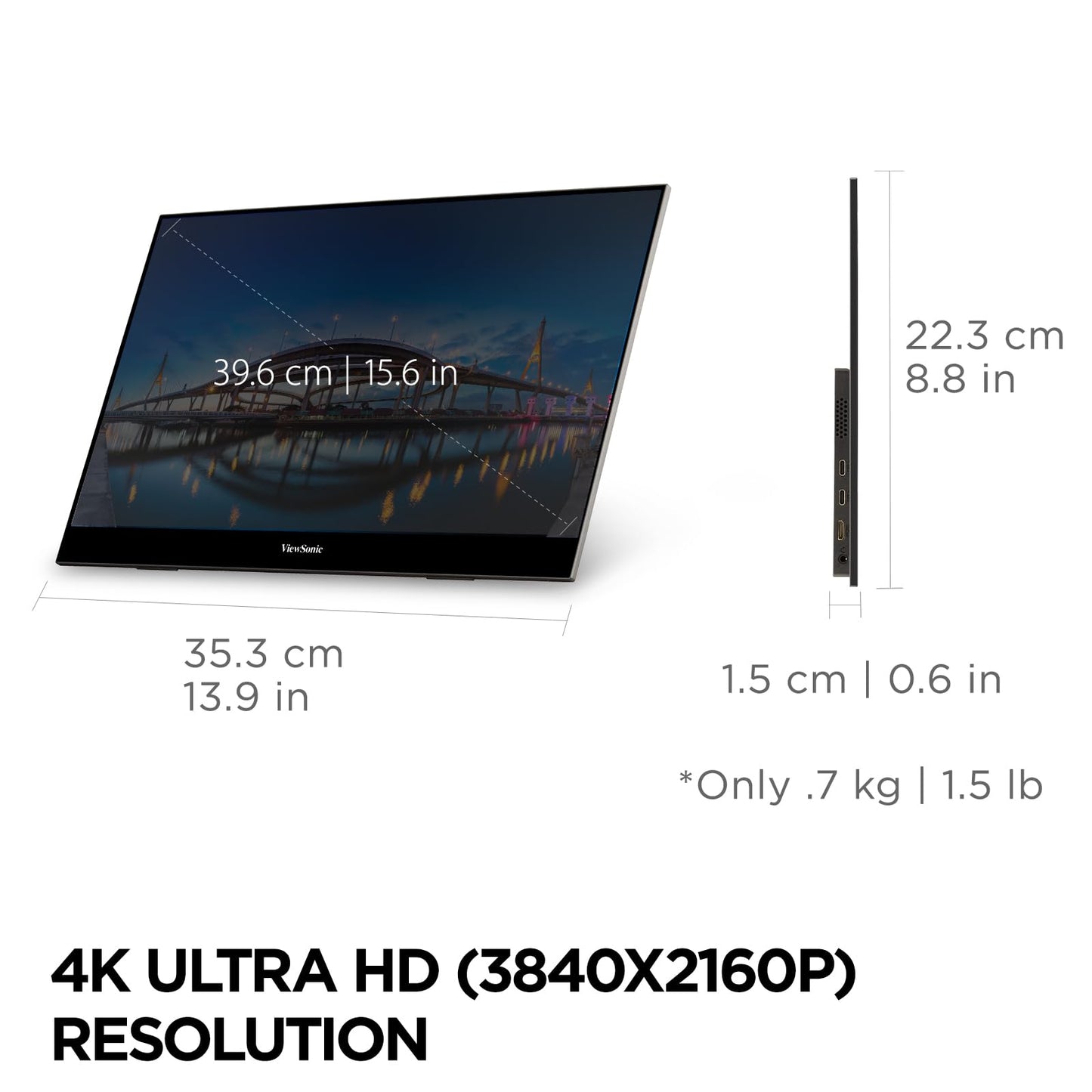 ViewSonic VX1655 15.6 Inch 1080p FHD Portable LED IPS Monitor with 2 Way Powered 60W USB C, Mini HDMI, Dual Speakers, and Built-in Stand with Tripod Mount,Black