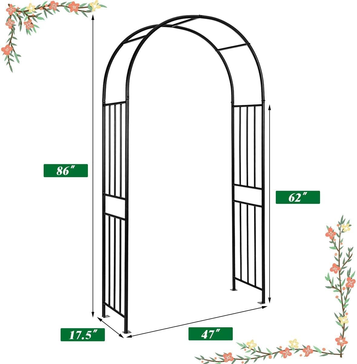 LDAILY Moccha Garden Arch Arbor Trellis, 7.2Ft Outdoor Steel Arbor with Stakes, Metal Archway for Climbing Plants, Wide Sturdy Garden Arch for Lawn, Party, Ceremony Wedding Decoration, Black