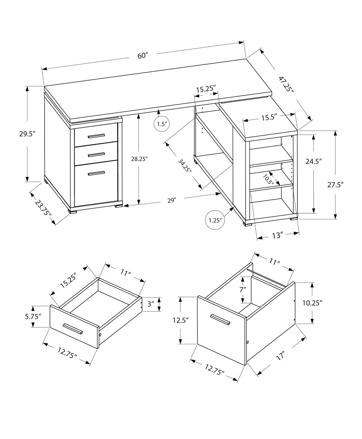 Monarch Specialties Computer Desk L-Shaped Corner Desk with storage - Left or Right Facing - 60"L (Grey Reclaimed Wood Look)