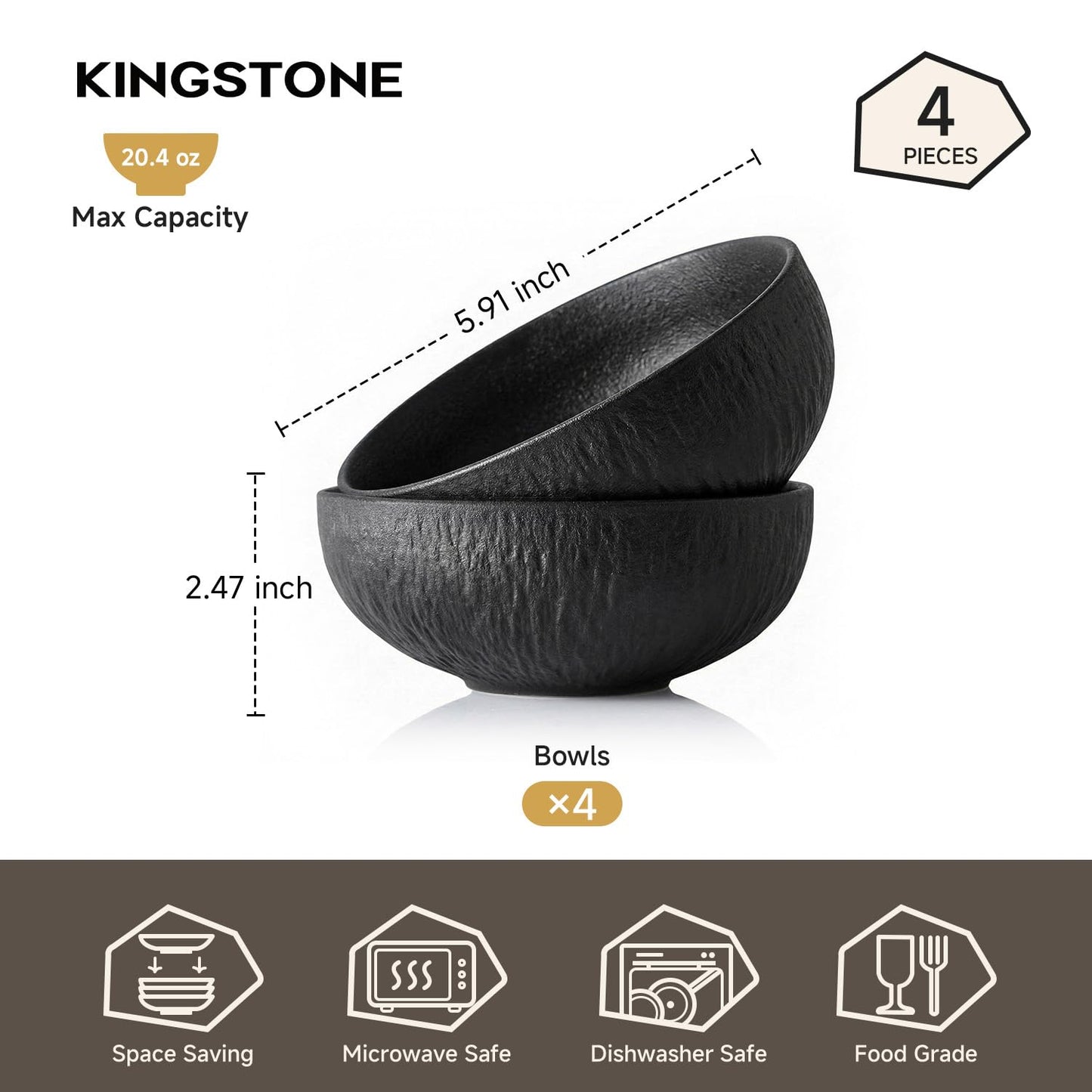 KINGSTONE Black Bowls Set of 4, 20.4 OZ Matte Marble Pattern Premium Porcelain Soup Bowls, Ceramic Cereal Bowl Set for Salad, Dessert, Pasta, Microwave and Dishwasher Safe