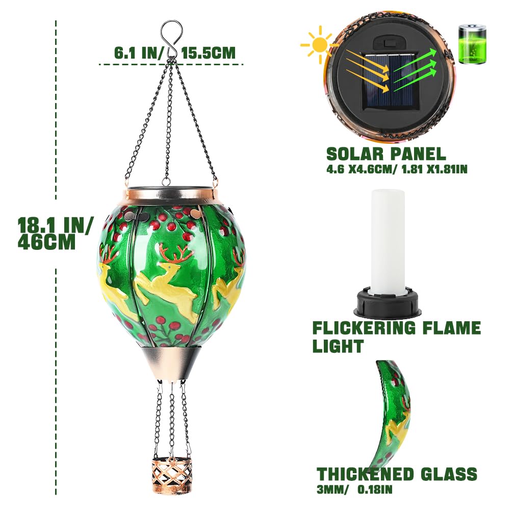 Solar Powered Hot Air Balloon Lantern - Reindeer Glass Lantern, Simulated Flickering & Dancing Flame, Outdoor Hanging Yard Light Waterproof IP65 for Patio Lawn Porch Christmas Decor Gift