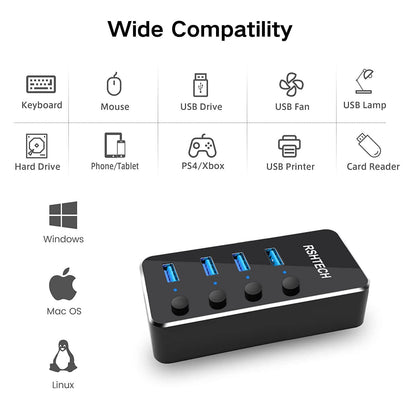 RSHTECH Powered USB Hub Aluminum 4-port USB 3.0 Hub with 5V/2A Power Supply and Individual On/Off Switch (Black)