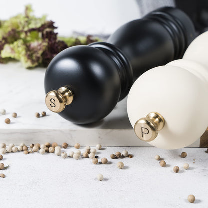 Bill.F Salt and Pepper Grinder Set, Wood Pepper Mill Set of 2 Manual Salt Pepper Shakers Grinder Refillable 7 Inch with Adjustable Ceramic Grinding Rotor（Black and Beige）