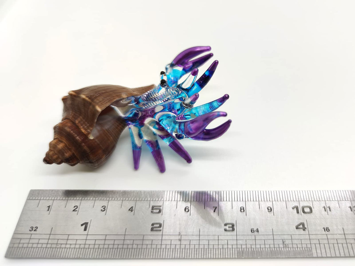 Sansukjai Seashell Hermit Crab Miniature Figurines Beach Animals Hand Blown Glass Art Collectible Gift Decorate - Brown Spiral Shell (Purple Blue)