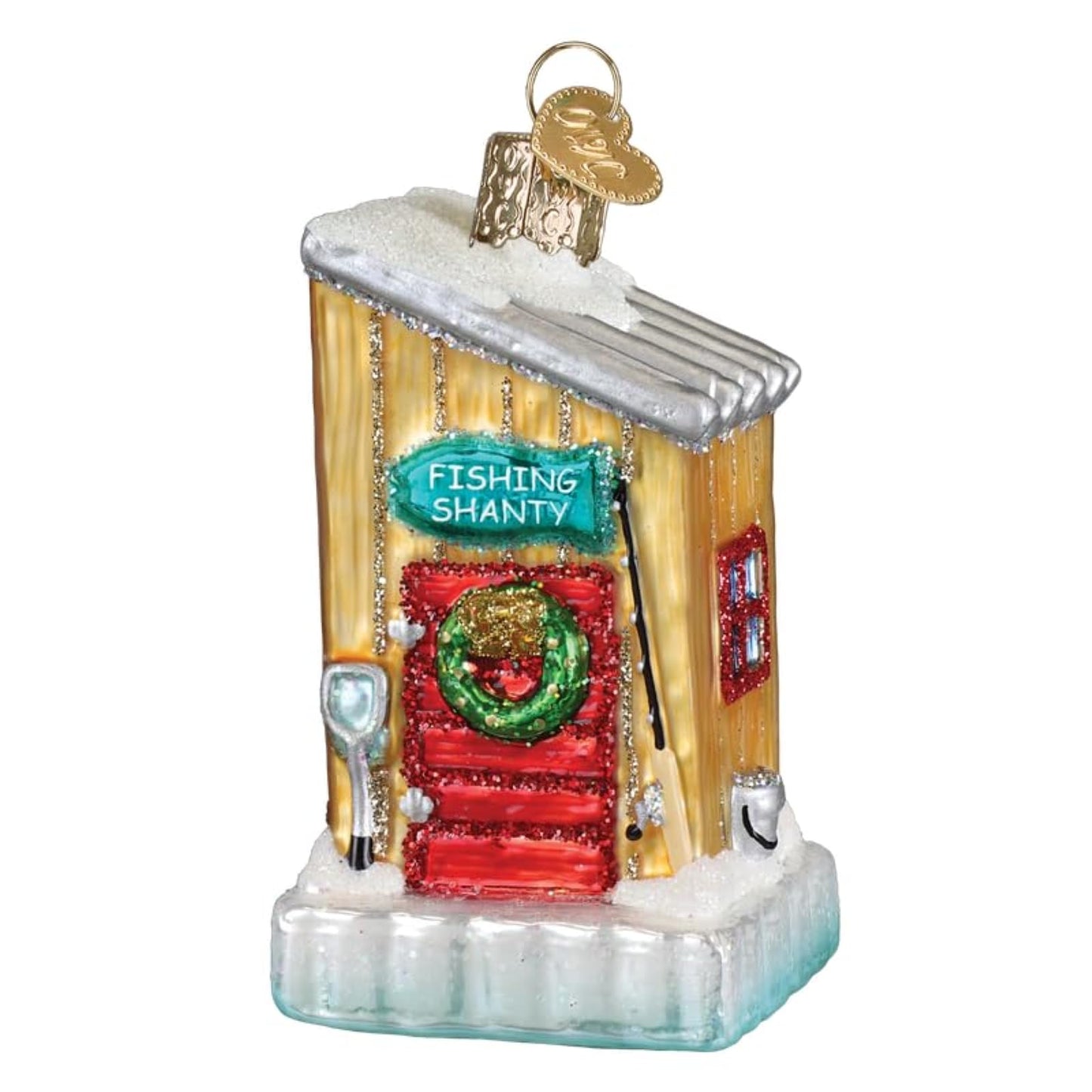 Old World Christmas Ice Fishing Shanty Glass Blown Ornament for Christmas Tree, Handcrafted Holiday Decoration, Sport Collection