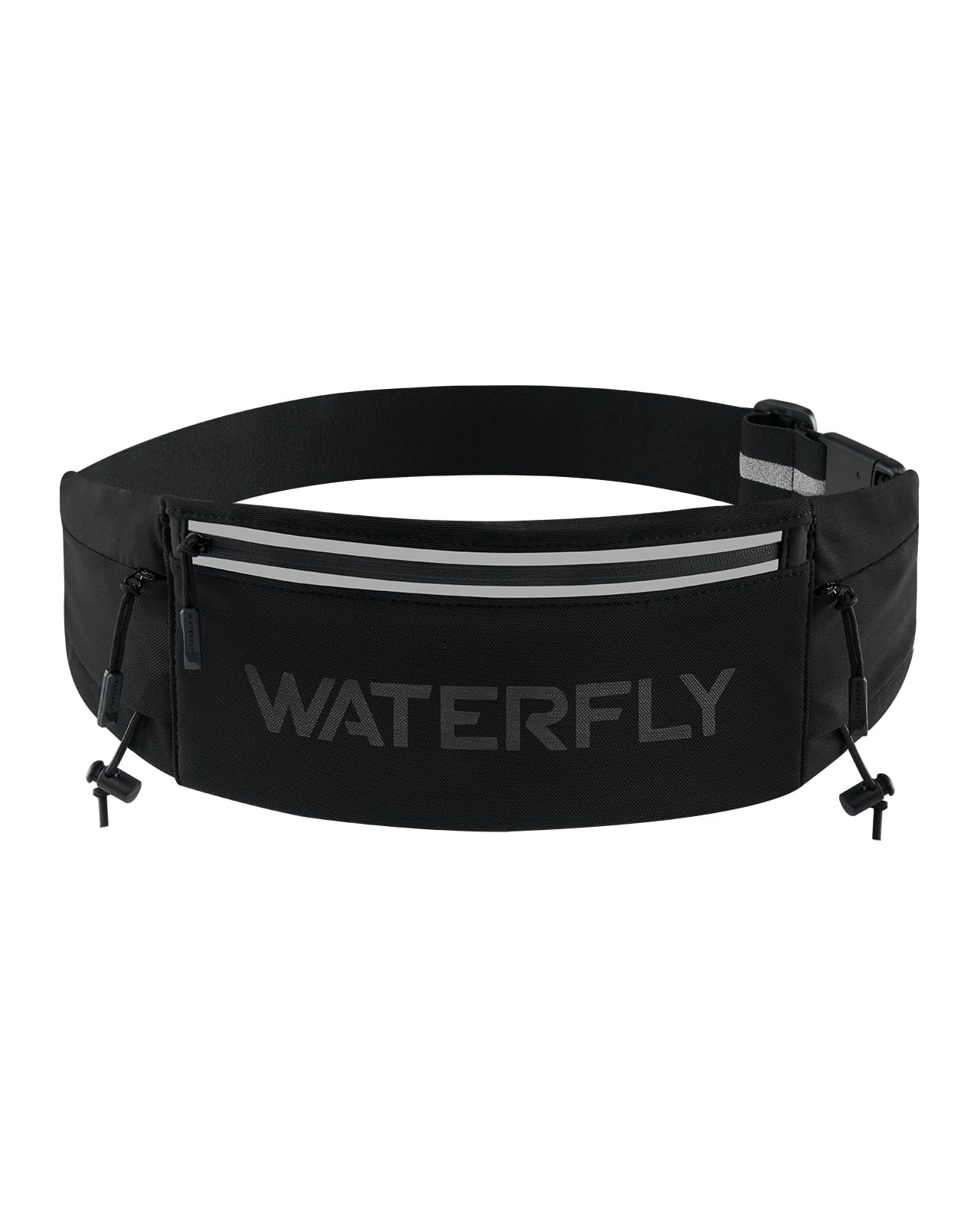 WATERFLY Running Belt Fanny Pack: Breathable 3 Pocket Waist Bag for Men Women Workout Exercise Fitness Phone Holder Fits All Phones - Runner Marathon Jogging Race Belt with Bib Clip Black