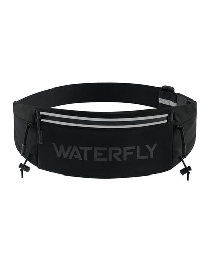 WATERFLY Running Belt Fanny Pack: Breathable 3 Pocket Waist Bag for Men Women Workout Exercise Fitness Phone Holder Fits All Phones - Runner Marathon Jogging Race Belt with Bib Clip Black