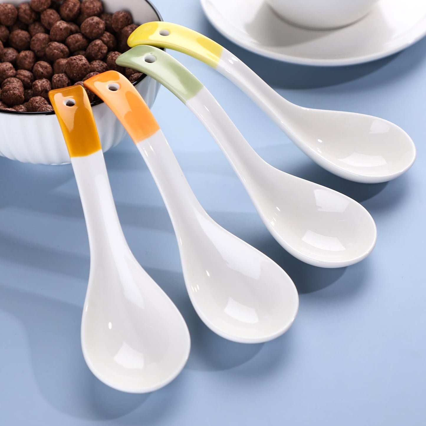 Ceramic Dessert Spoons Set of 4 Long Handle Cereal Spoon Korean Porcelain Spoons for Dessert Oat Cereal Rice Soup (Model 1#)