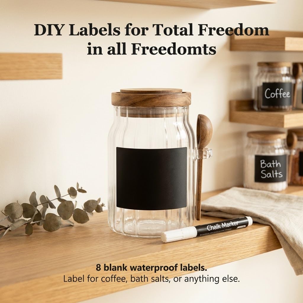 FUYIHGL® 3PCS Glass Storage Jars with Wooden Lids & Spoons – 20oz Airtight Canister Set with DIY Blank Labels – Decorative Small Containers for Coffee Bar, Bath Salts, Sugar, Spice & Overnight Oats