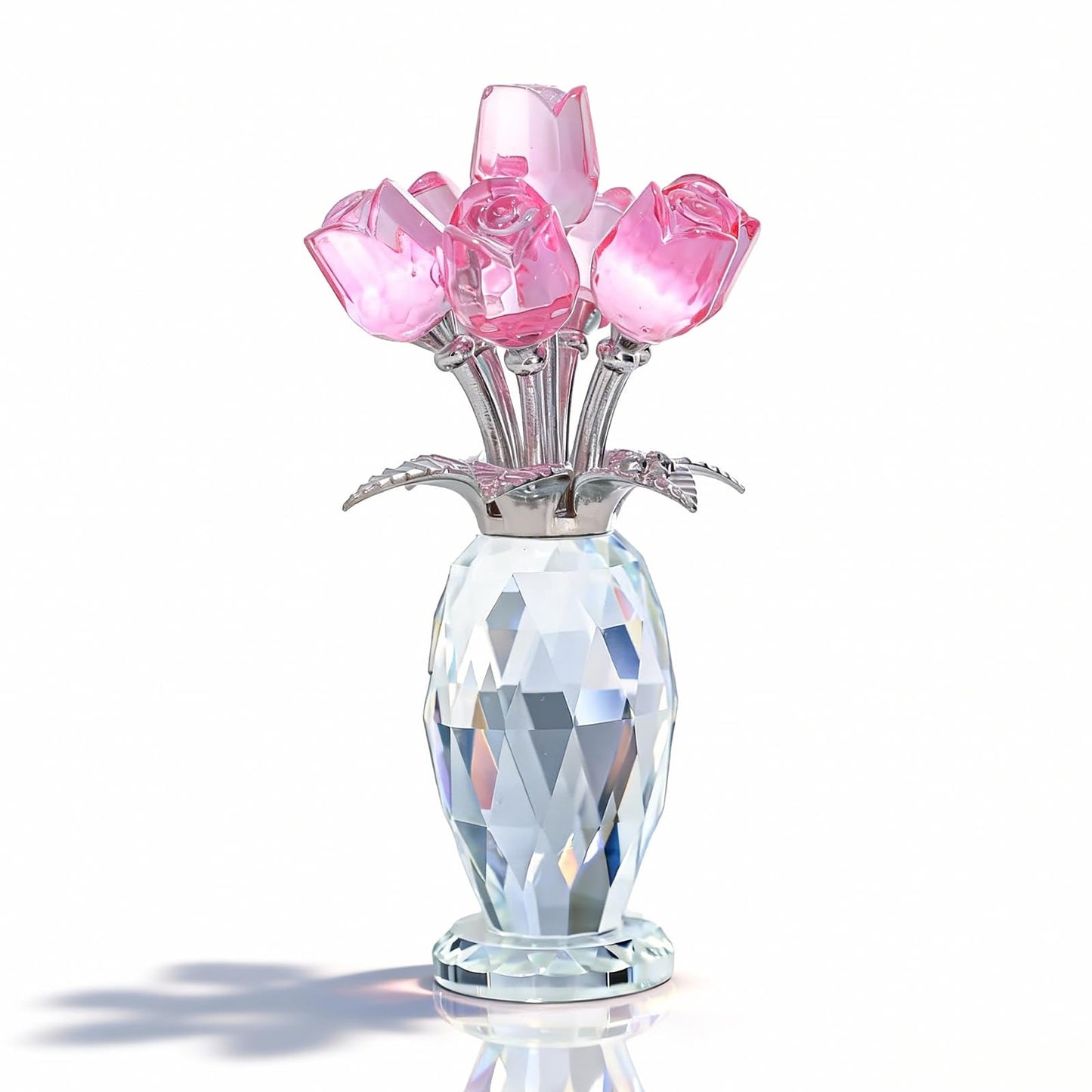 MysticGlitz Pink Crystal Rose Collectible Figurine with Faceted Vase - 5.7" Hand-Crafted Glass Flower Statue - Elegant Keepsake Ornament for Home Decor, Mother's Day, Anniversary, Wedding Gift