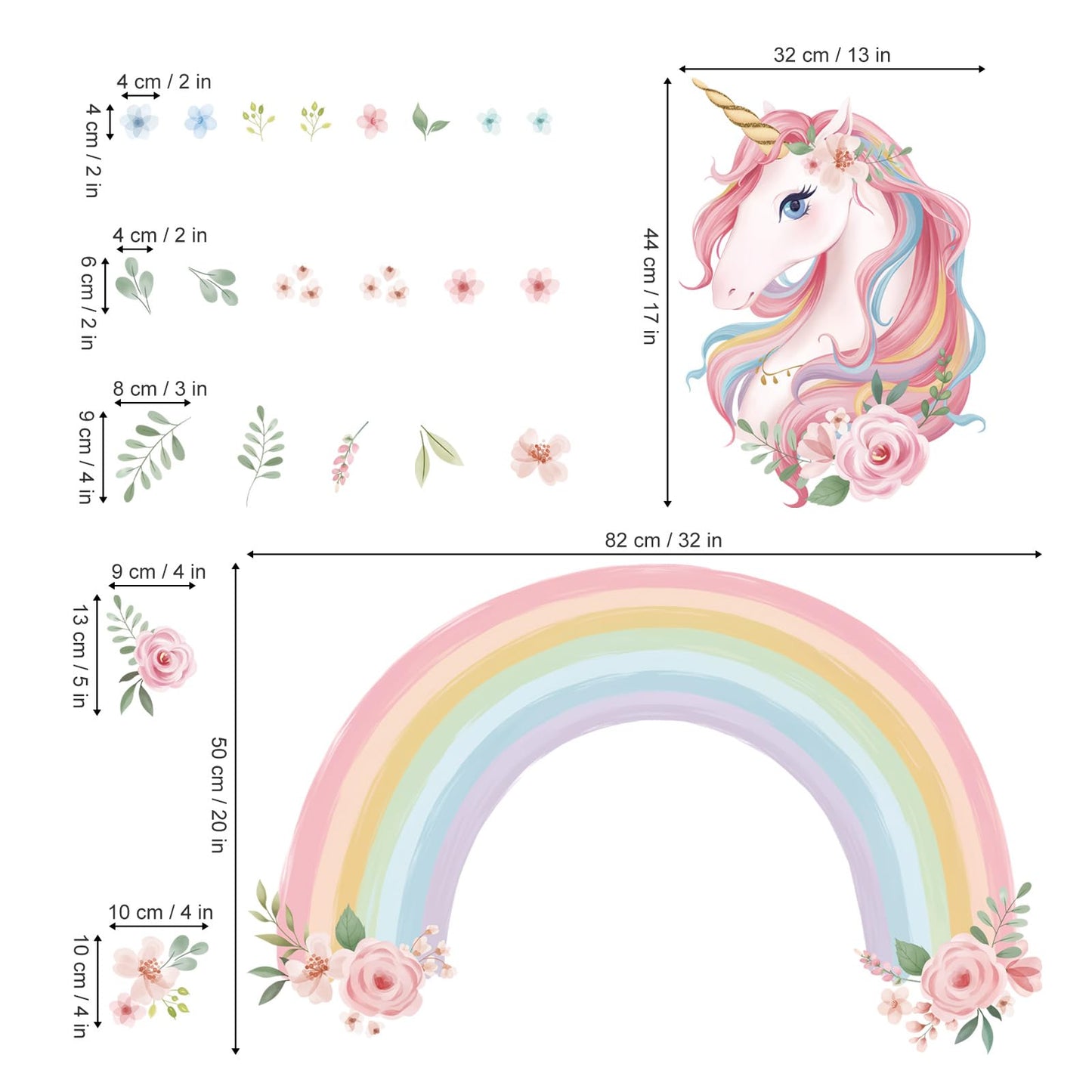 wondever Large Rainbow Wall Decals Unicorn Flower Peel and Stick Wall Art Stickers for Girls Bedroom Kids Room Baby Nursery