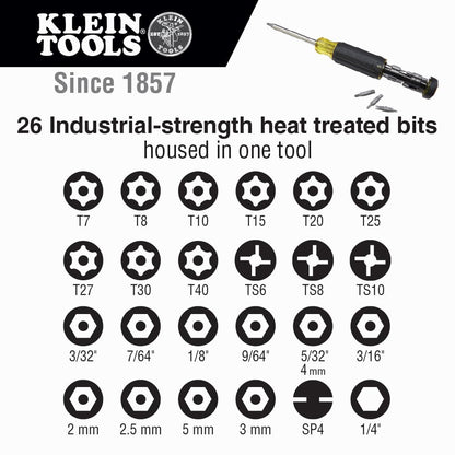 Klein Tools 32307 Multi-bit Tamperproof Screwdriver, 27-in-1 Tool with Torx, Hex, Torq and Spanner Bits with 1/4-Inch Nut Driver, Black/Yellow