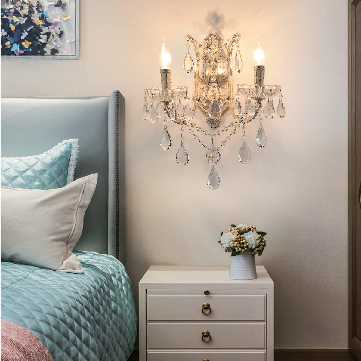 YLONG-ZS French Country Crystal Wall Sconce, 2-Light Distressed White Gold Candle Style with Teardrop Crystals, Hardwired Indoor Decor for Bedroom Bathroom Vanity, E12 Base