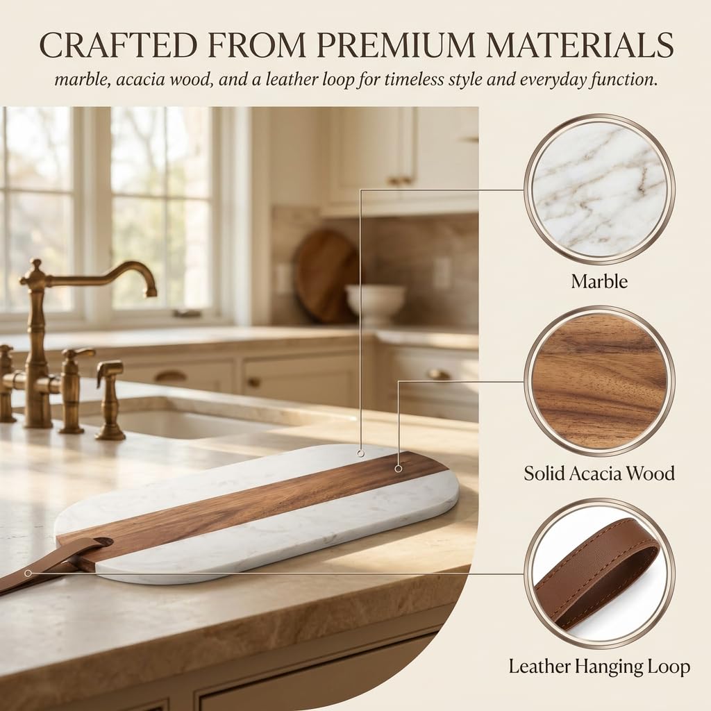 Marble & Acacia Wood Charcuterie Board, Cheese Board, Serving Platter & Appetizer Tray with Leather Strap, Marble Cheese Board for Entertaining, Housewarming Gift, Wedding Gift for Couples