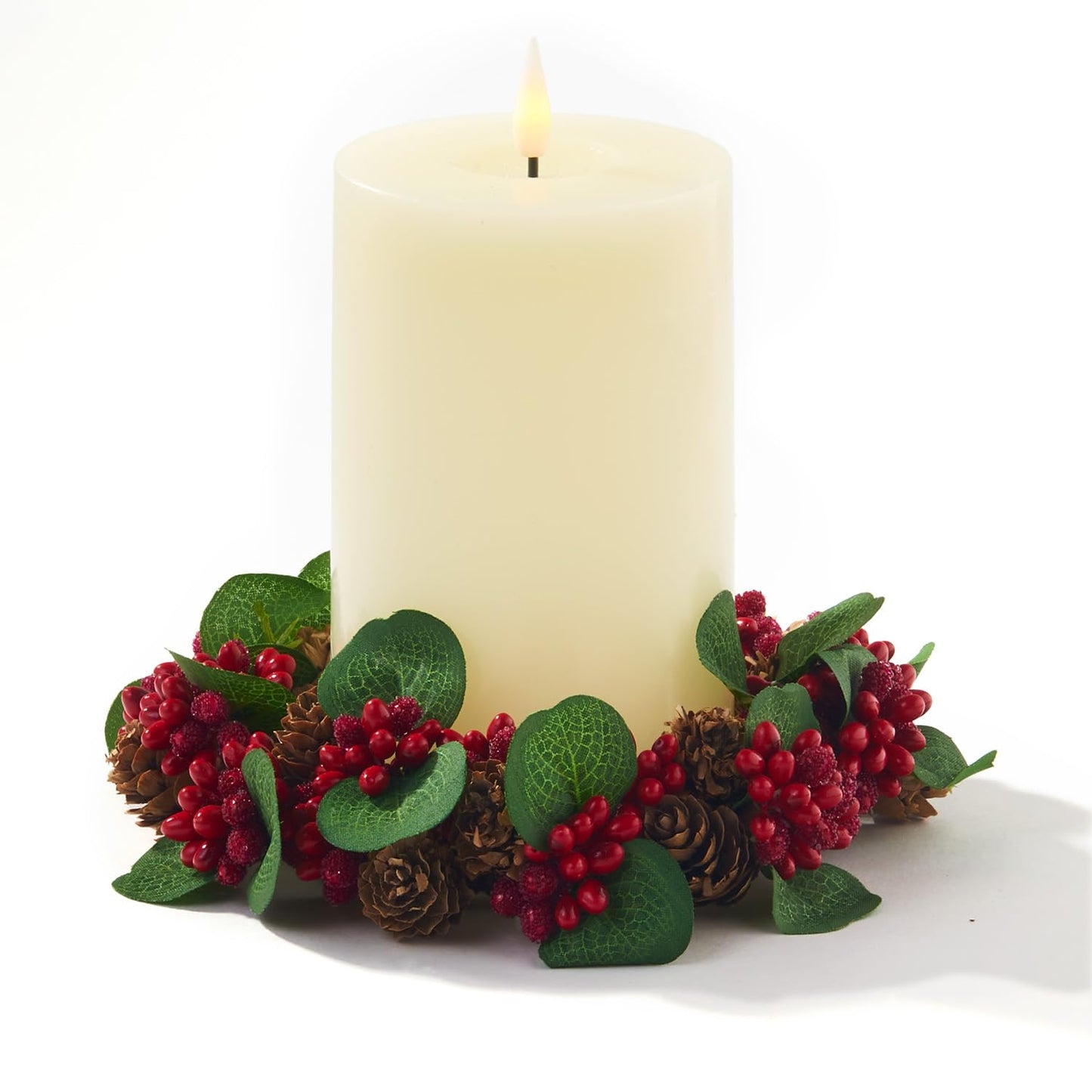 LampLust Winter Candle Rings, Set of 3 Mini Wreaths With Pine Cones & Red Berries, Fit 3 Inch Pillar Candles, Table Decor, Farmhouse Mantel Decor